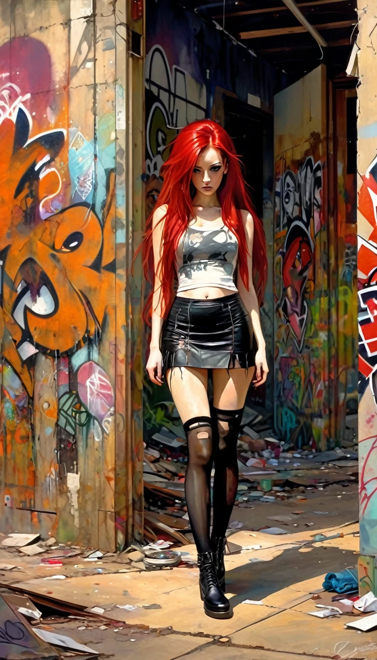 sexy girl with long red hair, punk look, tight miniskirt, torn stockings, sadness, loneliness, in an abandoned neighborhood full of graffiti, (art inspired by Bill Sienkiewicz). oil painting)