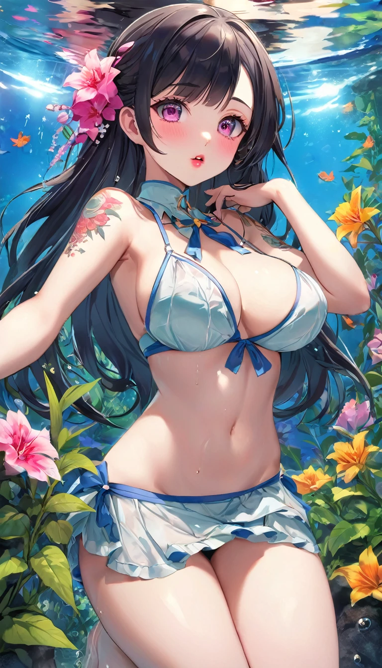 {{{{{16k}}}}}, {{{{{Unique atmosphere in the middle of the transition from girl to sexy woman, transforming a Japanese girl with a cutely pussy into her facial rank to the SSS rank of top-notch pretty actresses, She's in a cylindrical aquarium filled with female hormone fluid with a control panel that allows her to change the shape and appearance and personality of the girl inside at will, The oil of glowing flowers is poured into the aquarium and she is turned into a beautiful herbarium, When the control slider under the aquarium was adjusted to purity, her appearance changed to cute and innocent, She was a but after four years of being raped while being injected with beauty-enhancing hormones every day she grew into a 16-year-old that she had an erotic fetish for lips and necks and waistlines, she was being raped and clearer the nip line from underbust to hips, She had a pretty face like an idol but as she grew up she became beautiful like an actress, Her too-beautiful rounded tits wrapped in her separates pastel colored bikini, Her hair is replaced by a bang long glossy very Straight black hair, The growing body is reproduced with sex-loving, thick vivid lips, Her gasps echoing through the water, She transforms her into a cute once-in-a-millennium}}}}},{{Extremely detailed}},{{{{{integrated her head pure small, Enchanting Too thick and erotic deep pink lips, Her thickened lips shimmer with luster}}}}},{{{{{Her tattoos spread all over her body, She is tattooed with lewd flowers on her neck, arms, lower abdomen, thighs}}}}}
