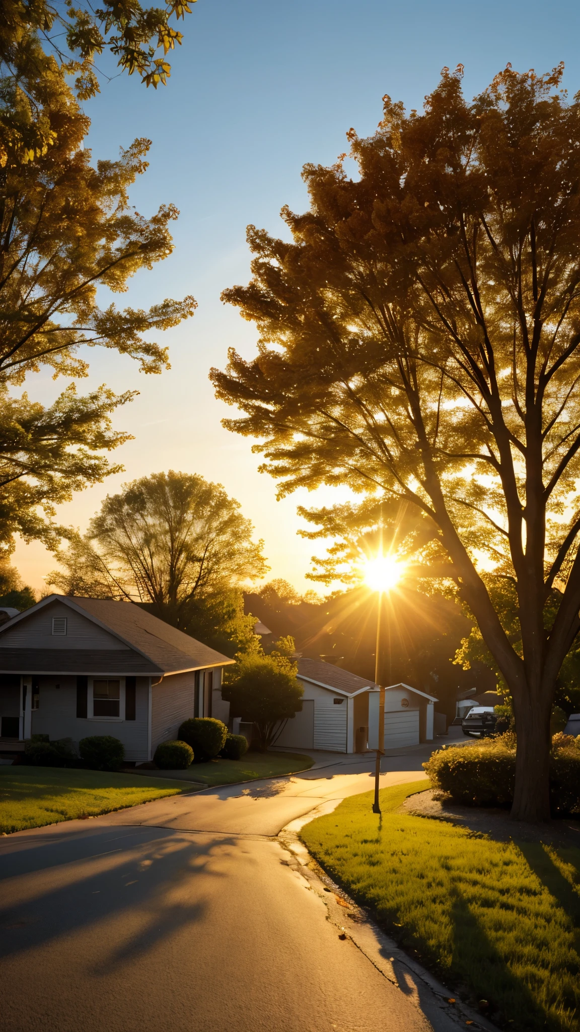 1978, Canton, Ohio, Kodak film filter, film camera, nostalgic,  view of a street with a tree and a house in the background, peaceful suburban scene, golden hour scene, tree-lined path at sunset, morning golden hour, golden hour sunlight, dramatic warm morning light, sundown golden hour, golden hour lighing, soft golden hour lighting, shining golden hour, golden hour sun, springtime morning, golden morning light