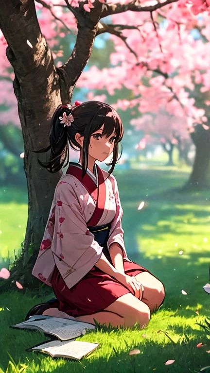 Garder le personnage, stand her up in front of the Japanese cherry tree, A book in hand. Style manga, animated 