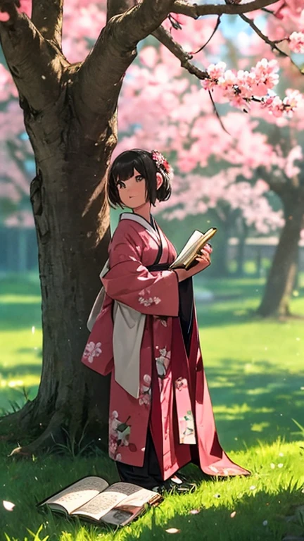Garder le personnage, stand her up in front of the Japanese cherry tree, A book in hand. Style manga, animated