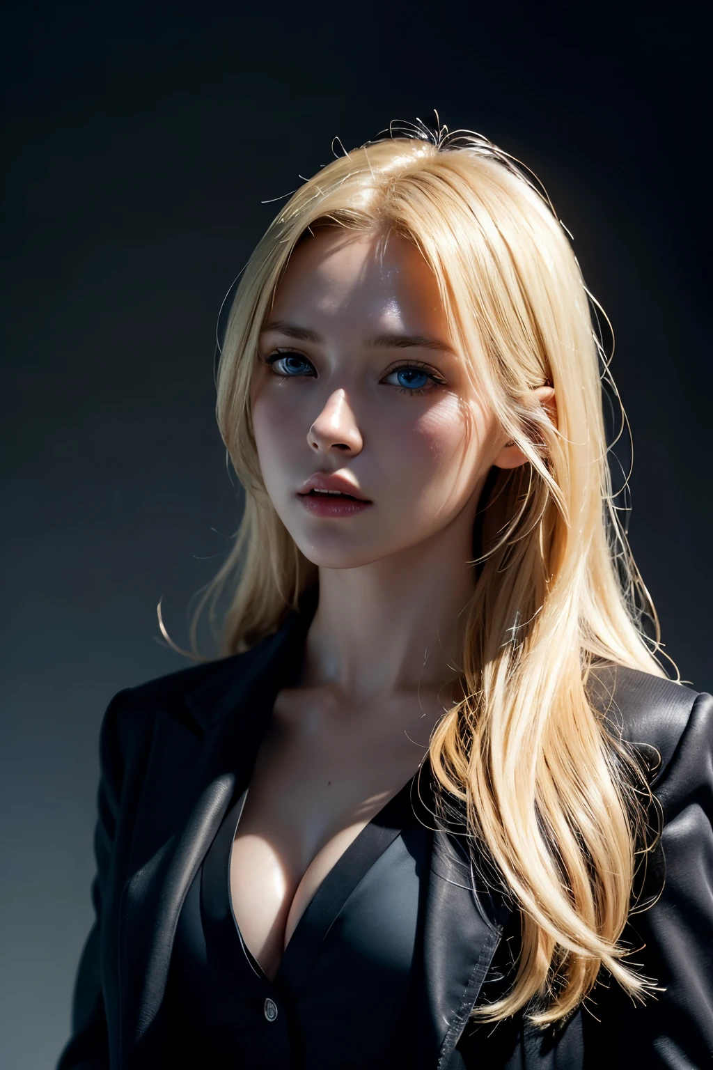 Best quality, masterpiece, ultra high res, (photorealistic:1.4), raw photo, 1girl, blonde hair, blue eyes,  detailed eyes and face, black suit, dynamic lighting, in the dark, deep shadow, low key, cowboy shot full-lenght body