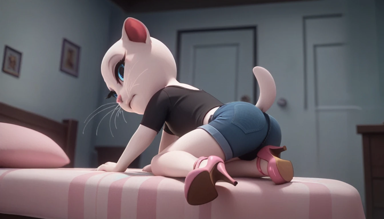 solo focus, a_la, 1girl, cat, white fur, long whiskers on both sides of the face, big bright blue eyes, big black eyelashes, long black hair, pink nose, triangular ears with pink channels, big breasts, high heels, short jeans, Black T-shirt. 1 girl and 1 boy human. side view. in bed. The man lies flat on the floor with his legs closed. Woman sits on man, vaginal scream, lying, at home, looking back, big penis, rape of 1 man, girl. Score_9, Score_8_up, Score_7_