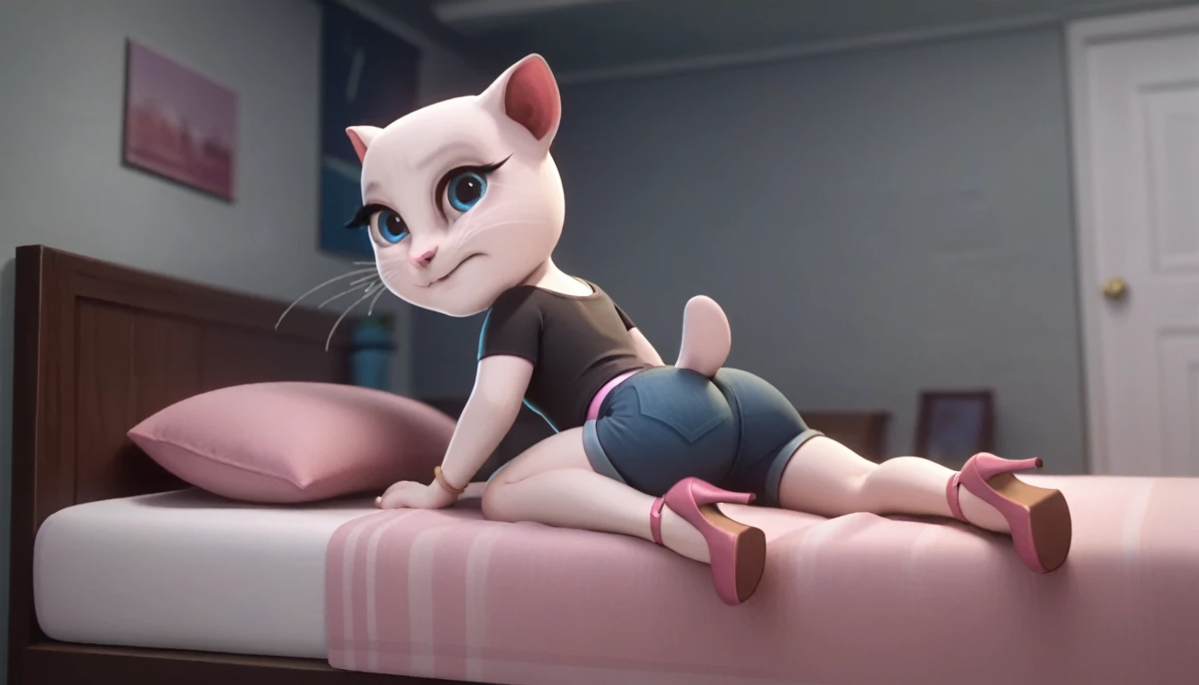 solo focus, a_la, 1girl, cat, white fur, long whiskers on both sides of the face, big bright blue eyes, big black eyelashes, big ass, pink nose, triangular ears with pink channels, high heels, short jeans, Black T-shirt. 1 girl and 1 boy human. side view. in bed. The man lies flat on the floor with his legs closed. Woman sits on man, vaginal scream, lying, at home, looking back, big penis, rape of 1 man, girl. Score_9, Score_8_up, Score_7_