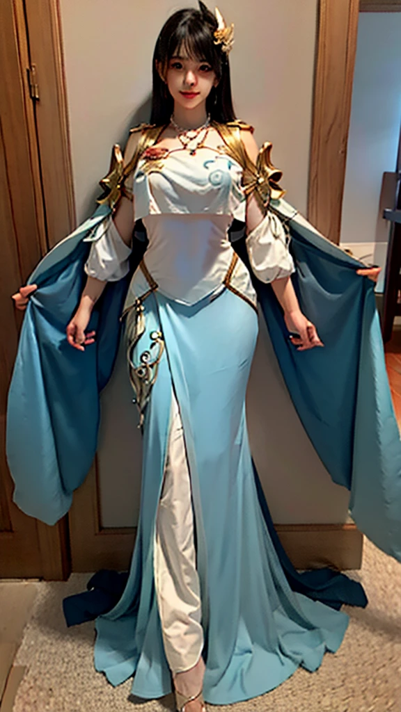 Create a female character that embodies the Cancer zodiac sign, making it immediately recognizable. She is a nurturing and intuitive figure with long, wavy dark brown hair and gentle, deep blue eyes. She has a soft, curvy build and a fair complexion. Dress her in attire that combines ancient and modern styles, featuring a silver and blue color scheme. Include elements such as a crescent moon headpiece, a shell necklace, and armor with crab motifs. The background should include the ocean and a large crab to further emphasize the Cancer symbolism. She should exude a sense of empathy and protection, representing the caring nature of Cancer.