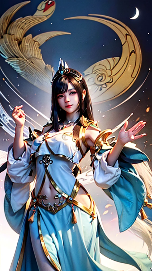 Create a female character that embodies the Cancer zodiac sign, making it immediately recognizable. She is a nurturing and intuitive figure with long, wavy dark brown hair and gentle, deep blue eyes. She has a soft, curvy build and a fair complexion. Dress her in attire that combines ancient and modern styles, featuring a silver and blue color scheme. Include elements such as a crescent moon headpiece, a shell necklace, and armor with crab motifs. The background should include the ocean and a large crab to further emphasize the Cancer symbolism. She should exude a sense of empathy and protection, representing the caring nature of Cancer.