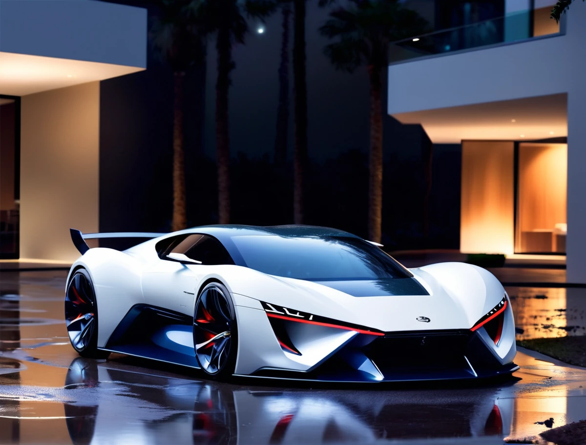 a photo of a concept sports car, 3/4 front view, tarmac, outdoors, ((night)), puddles, masterpiece
