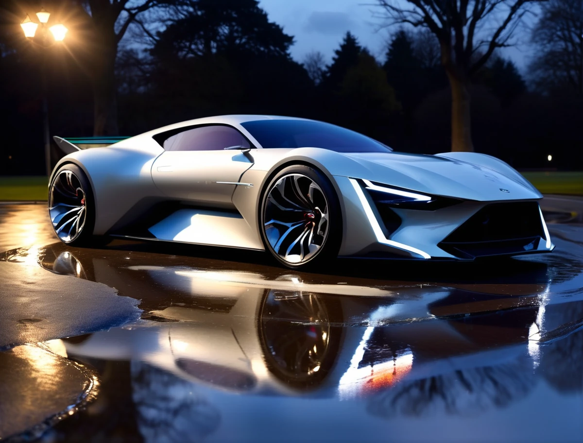 a photo of a concept sports car, 3/4 front view, tarmac, outdoors, ((night)), puddles, masterpiece