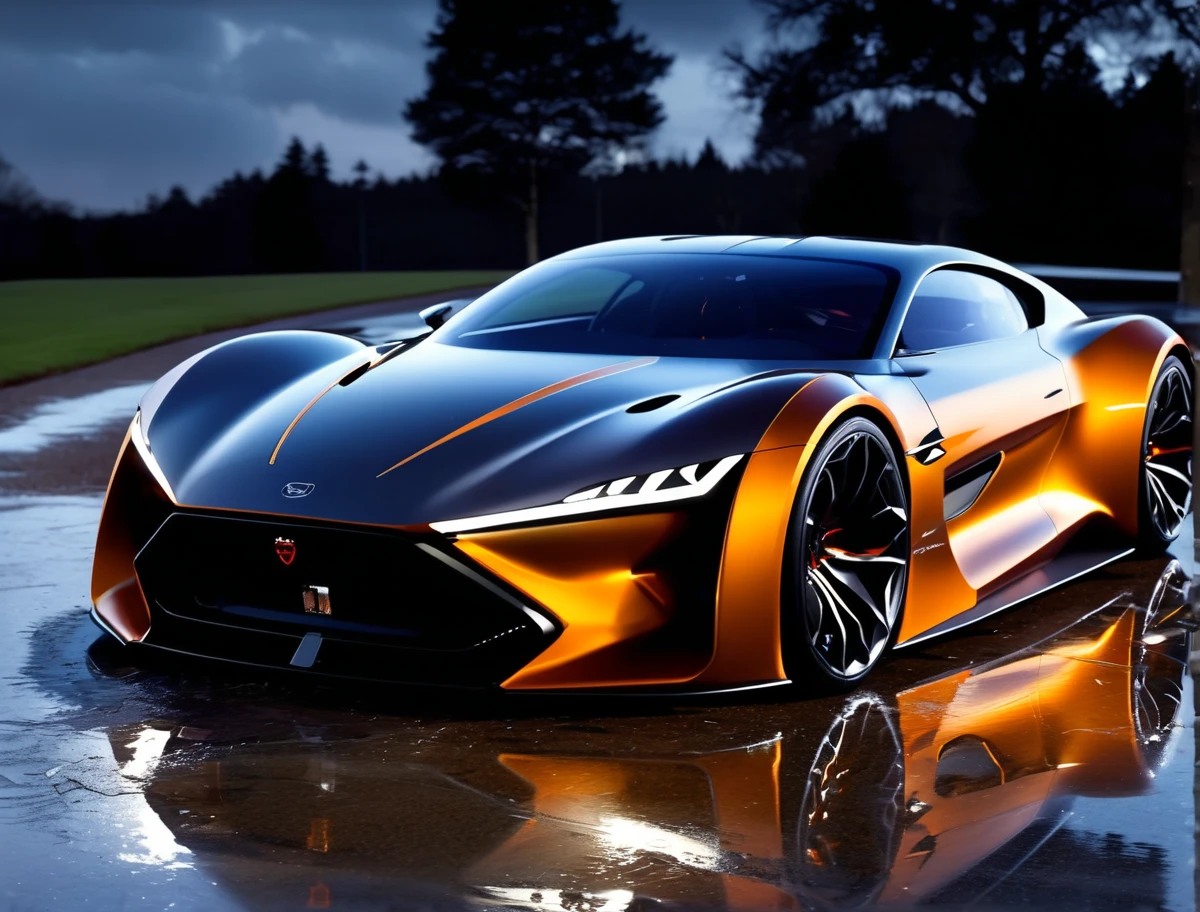 a photo of a concept sports car, 3/4 front view, tarmac, outdoors, ((night)), puddles, masterpiece