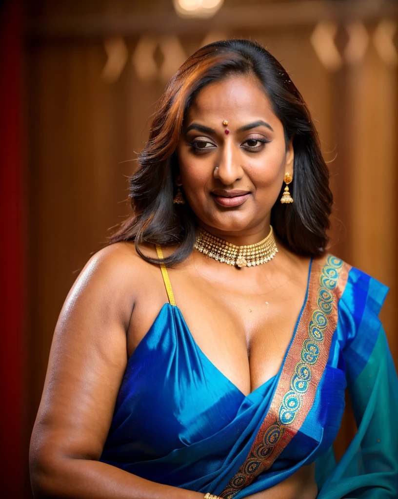 Realistic Representation of Savita bhabhi, inspired by famous Indian adult comics by amarshrostha, Foto RAW, photorealistic, photography, full body shot, 50 years old Woman, master shot, perfect eyes, goddess like beauty, pierced eyes, perfect thick chubby mallu Desi aunty bhabhi, Wearing a Stanapatta, a chest-band.Saree model, model Photography, Indian saree shoot, Indian traditional wear advertising photography, traditional wear brand shoot, face of Indian actress Sonakshi Sinha, masterpiece, realistic, realism, incredible details,  pleasure, photorealism, detailed skin, skin pores, high contrast, photorealistic Artstation 8k HD digital art trend of high definition and detailed realistic skin texture, ultra detail, realistic skin texture, armature, best quality, ultra high definition, (photorealistic:1.4),, high resolution, detail, raw photo, sweat, Re sharp, by Lee Jefferies Nikon D850 Film Stock Photo 4 Kodak Portra 400 Camera F1.6 Lens Rich Color Ultra Real Realistic Realistic Textures Dramatic Lighting Unreal Engine Trending at Art Station Cinestill 800,(pele altamente detalhada: 1.2), 8k UHD, DSLR, soft-lighting, alta qualidade, grain of film, Fujifilm XT3,she didn't like to wear blouse or bra, she is happy to wear only saree, she hates blouse or bra, detailed hairy armpits, hyper realistic skin, skin pores, veins, wet body, hyper realistic sweaty body, sweat, veins, short hairs on armpit, stubble armpits, hyper realistic hairy armpits, low waist saree, 