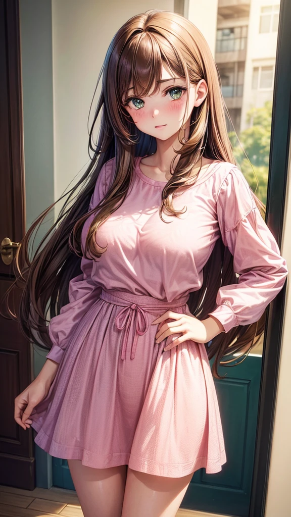 ((girl with brown hair, long straight brown hair, with light green eyes, fair skin, very shy, very blushing, very blushing,with a pink shirt with a teddy print, a long pink skirt, with big breasts, with big legs, with big hips,in the room, from the front, with realistic details, realism, UHD, vivid colors, colorful, amazing details,))