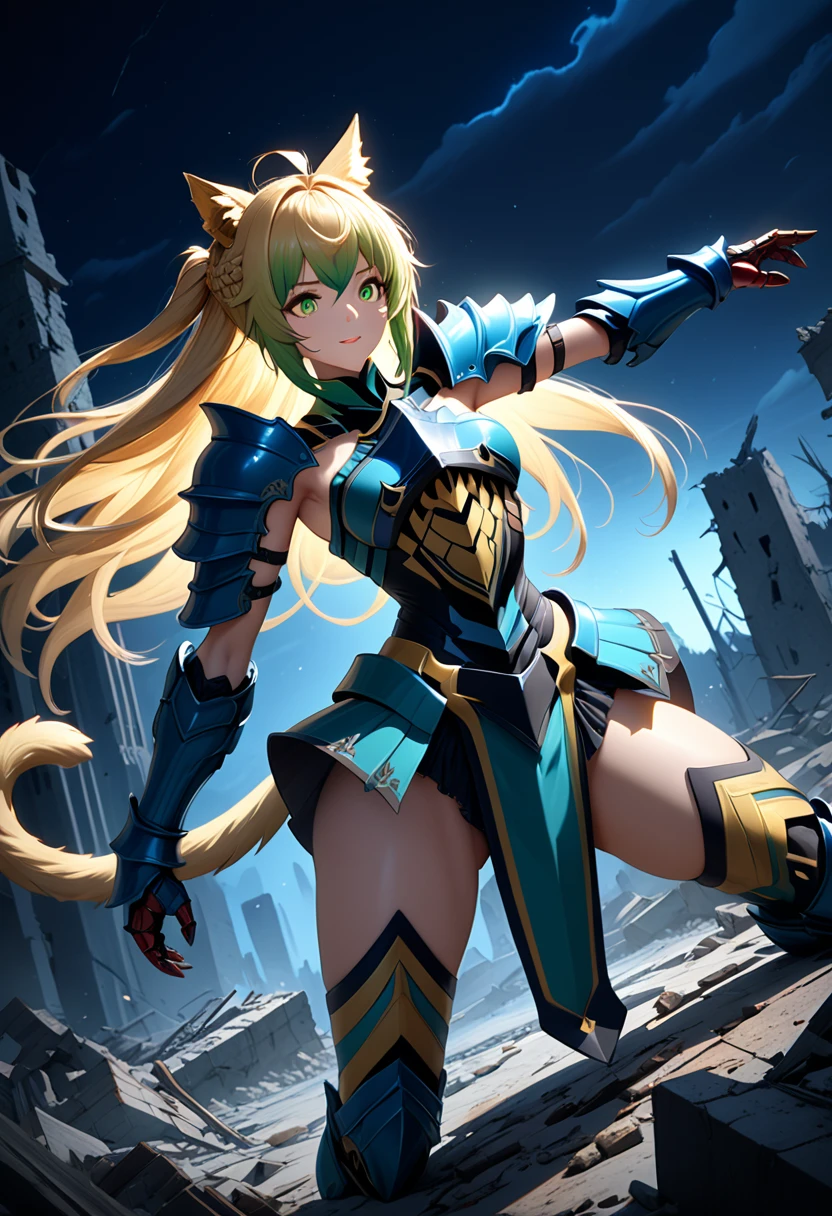 (masterpiece, top quality, best quality, beautiful and aesthetic:1.2), full body, SFW, extremely detailed, detailed eyes, green eyes, detailed hands, cinematic light, depth of field, 1girl, seducing smile, solo, official, (full armored knight:1.4), Atalanta Fate, slim body, blonde cat tail, cinematic lighting, dramatic lighting, dramatic atmosphere, hyper-realistic, high resolution, stunning contrast, high quality, best quality, 8k, 4k, intricately detailed, (amazing details:1.2), highly detailed skin, powerful presence, vibrant colors, (detailed eyes:1.2), striking eyes, (detailed background), (warzone on background, night, ruins), (dynamic angle:1.2), (dynamic pose:1.2)