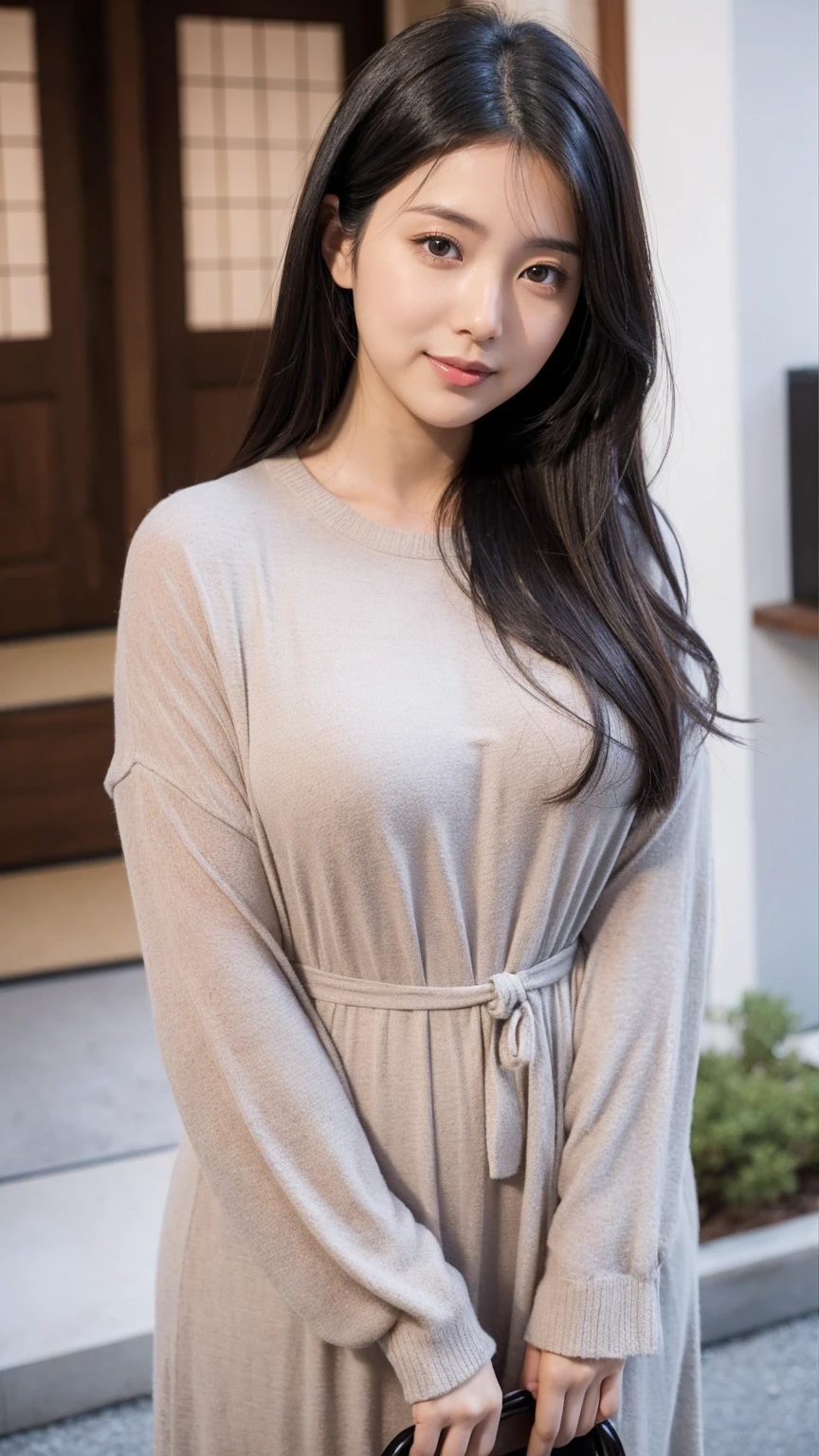 1 woman, 30 years old, , black hair, brown eyes, japanese, pretty appearance, looking at viewer, casual modest clothes