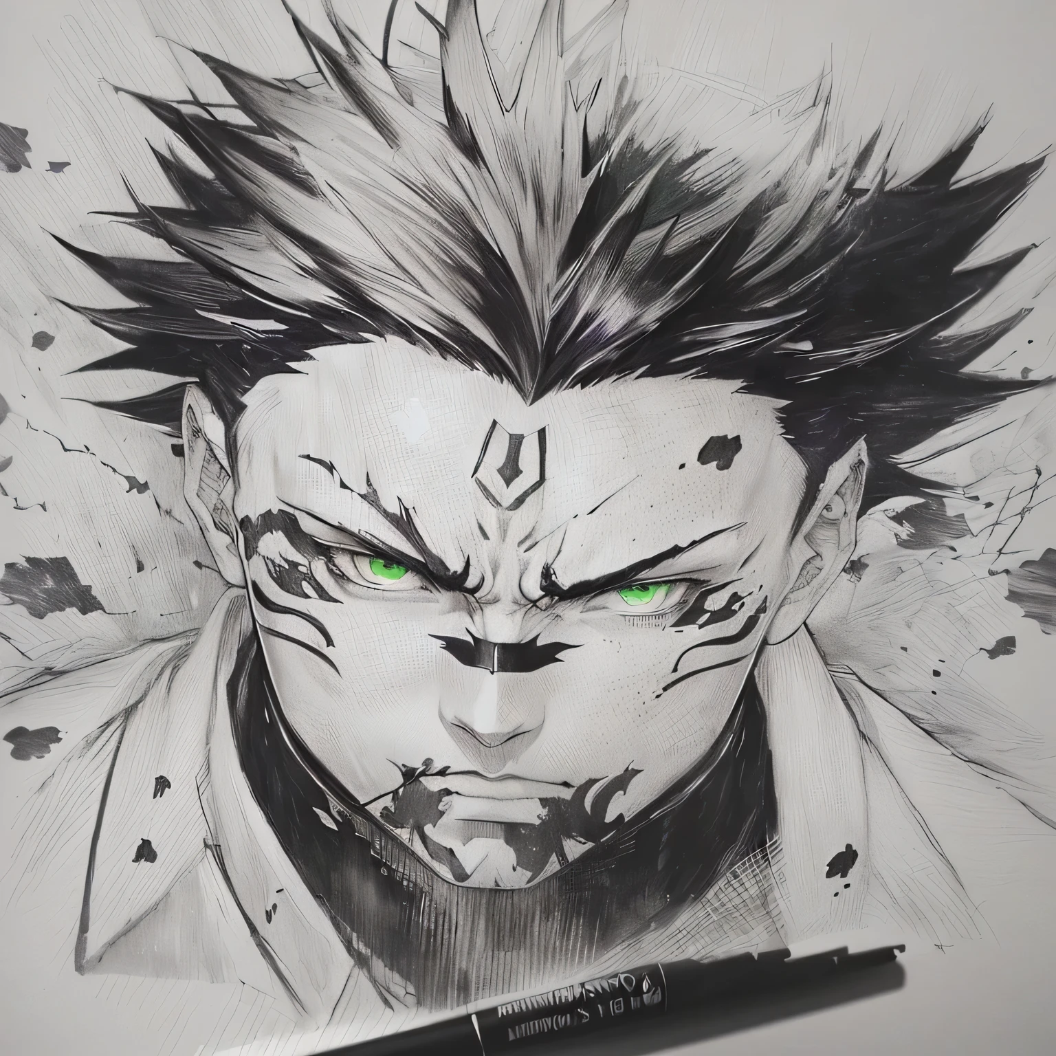 a drawing of a man with a mohawk and a face, ink manga drawing, pencil and ink manga drawing, kentaro miura manga art style, hyper detailed manga drawing, handsome guy in demon slayer art, stunning manga art style, trigger anime art style, demon slayer rui fanart, Joker looks like Naruto, Manga style by Kentaro Miura, anime shading sukuna green eyes green hair)