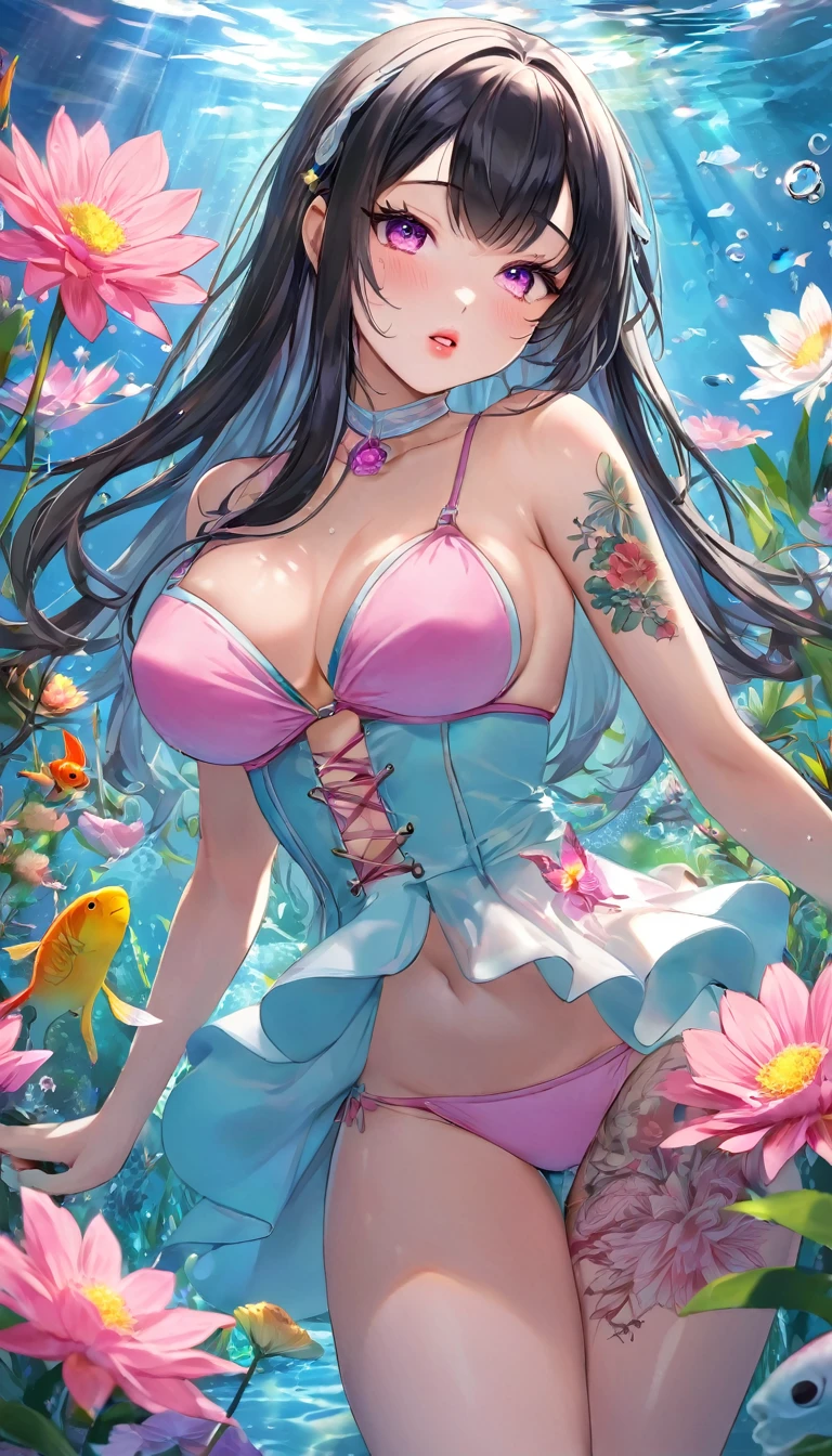 {{{{{16k}}}}}, {{{{{Unique atmosphere in the middle of the transition from girl to sexy woman, transforming a Japanese girl with a cutely pussy into her facial rank to the SSS rank of top-notch pretty actresses, She's in a cylindrical aquarium filled with female hormone fluid with a control panel that allows her to change the shape and appearance and personality of the girl inside at will, The oil of glowing flowers is poured into the aquarium and she is turned into a beautiful herbarium, When the control slider under the aquarium was adjusted to purity, her appearance changed to cute and innocent, She was a but after four years of being raped while being injected with beauty-enhancing hormones every day she grew into a 16-year-old that she had an erotic fetish for lips and necks and waistlines, she was being raped and clearer the nip line from underbust to hips, She had a pretty face like an idol but as she grew up she became beautiful like an actress, Her too-beautiful rounded tits wrapped in her separates pastel colored bikini, Her hair is replaced by a bang long glossy very Straight black hair, The growing body is reproduced with sex-loving, thick vivid lips, Her gasps echoing through the water, She transforms her into a cute once-in-a-millennium}}}}},{{Extremely detailed}},{{{{{integrated her head pure small, Enchanting Too thick and erotic deep pink lips, Her thickened lips shimmer with luster}}}}},{{{{{Her tattoos spread all over her body, She is tattooed with lewd flowers on her neck, arms, lower abdomen, thighs}}}}}