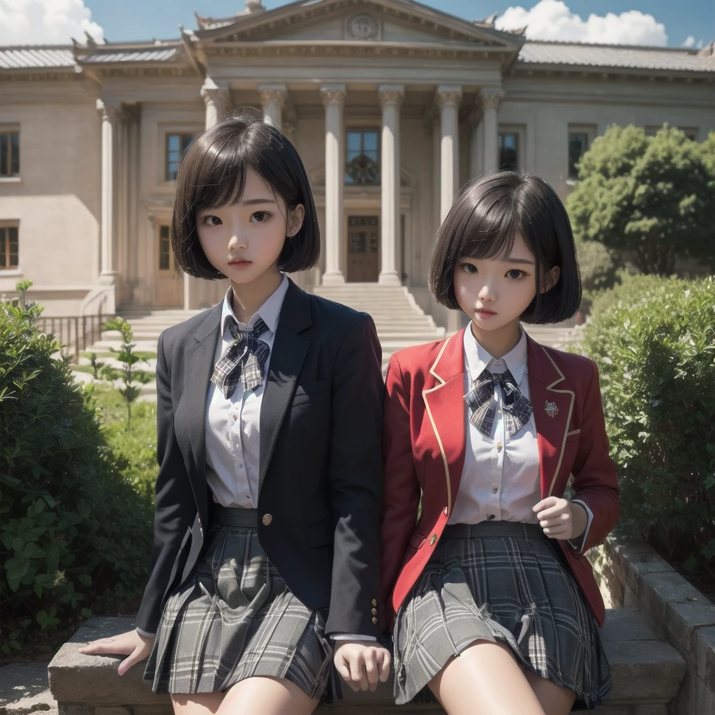Highest quality、Highest quality、masterpiece、High Contrast、colorful、grace、Sexy look、high school girl、beauty、Bob cut braids、uniform、(Red Blazer)、Ribbon tie、(Green and gray plaid skirt)、(Black tight shadow、Fine shading、cute、Truly unbelievably cute absurd、outside、School trip、national treasures、Traditional buildings、blue sky
