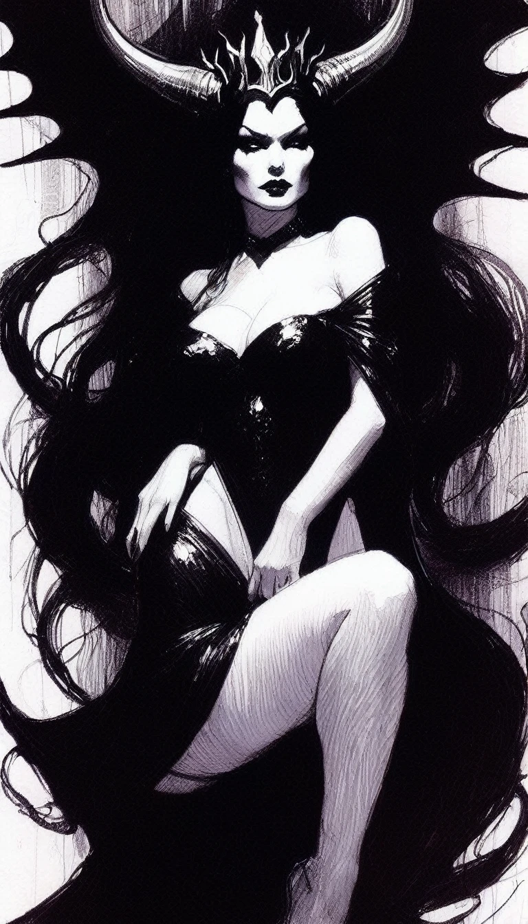 some sexy, dark, queen of hell, loneliness, magic,, tmari, sketch, traditional media, pen drawing, white background (art inspired by Bill Sienkiewicz). oil painting)