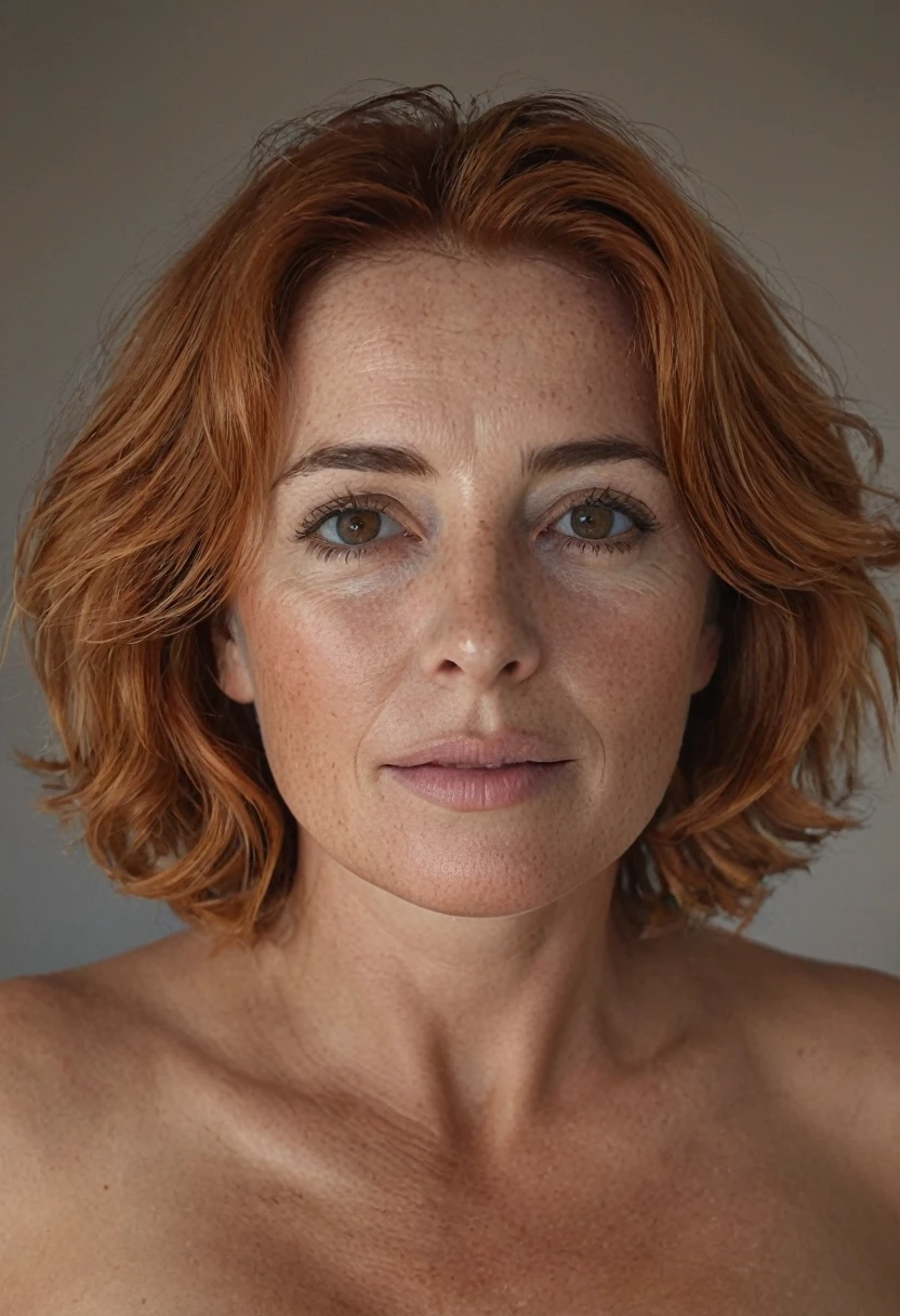 a mature portuguese woman with a large natural chest, short shaved red hair, brown eyes, naked, profissional porn actress, half light beam, ring light background, photorealistic, 8k, extremely detailed, high quality, ((full body)), cinematic lighting, dramatic colors, beautiful skin, detailed features ((consistent character)) ((seed 69))