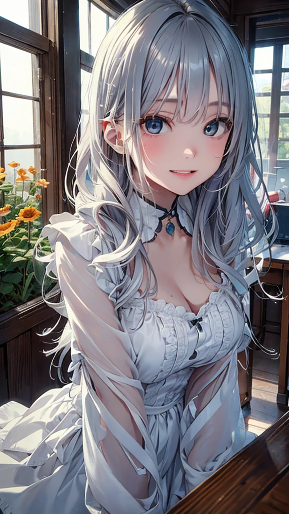 masterpiece、Highest quality、High resolution、High-quality images、8K, -yeld giSkin Radiance、Texture of skin and clothing、Expression of fine eyes、Shining silver hair、Long Hair Girl、dress, Beautiful light yellow eyes, Fuller lips, Gorgeous face with attention to detail, (Cute Smile), charm, Innocent, Side view, (Perfectly detailed face), (Beautiful Hands) Photorealistic images, Written boundary depth, flower、sun、Big Breasts、garden、、Feather ornament、White clothes、goddess