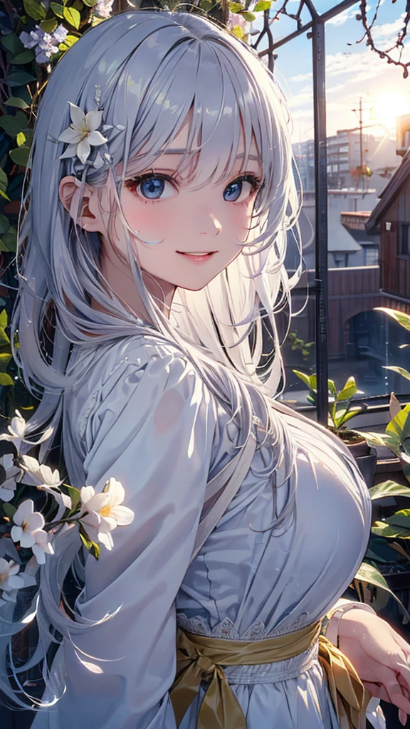 masterpiece、Highest quality、High resolution、High-quality images、8K, 、Skin Radiance、Texture of skin and clothing、Expression of fine eyes、Shining silver hair、Long Hair Girl、dress, Beautiful light yellow eyes, Fuller lips, Gorgeous face with attention to detail, (Cute Smile), charm, Innocent, Side view, (Perfectly detailed face), (Beautiful Hands) Photorealistic images, Written boundary depth, flower、sun、Big Breasts、garden、、Feather ornament、White clothes、goddess