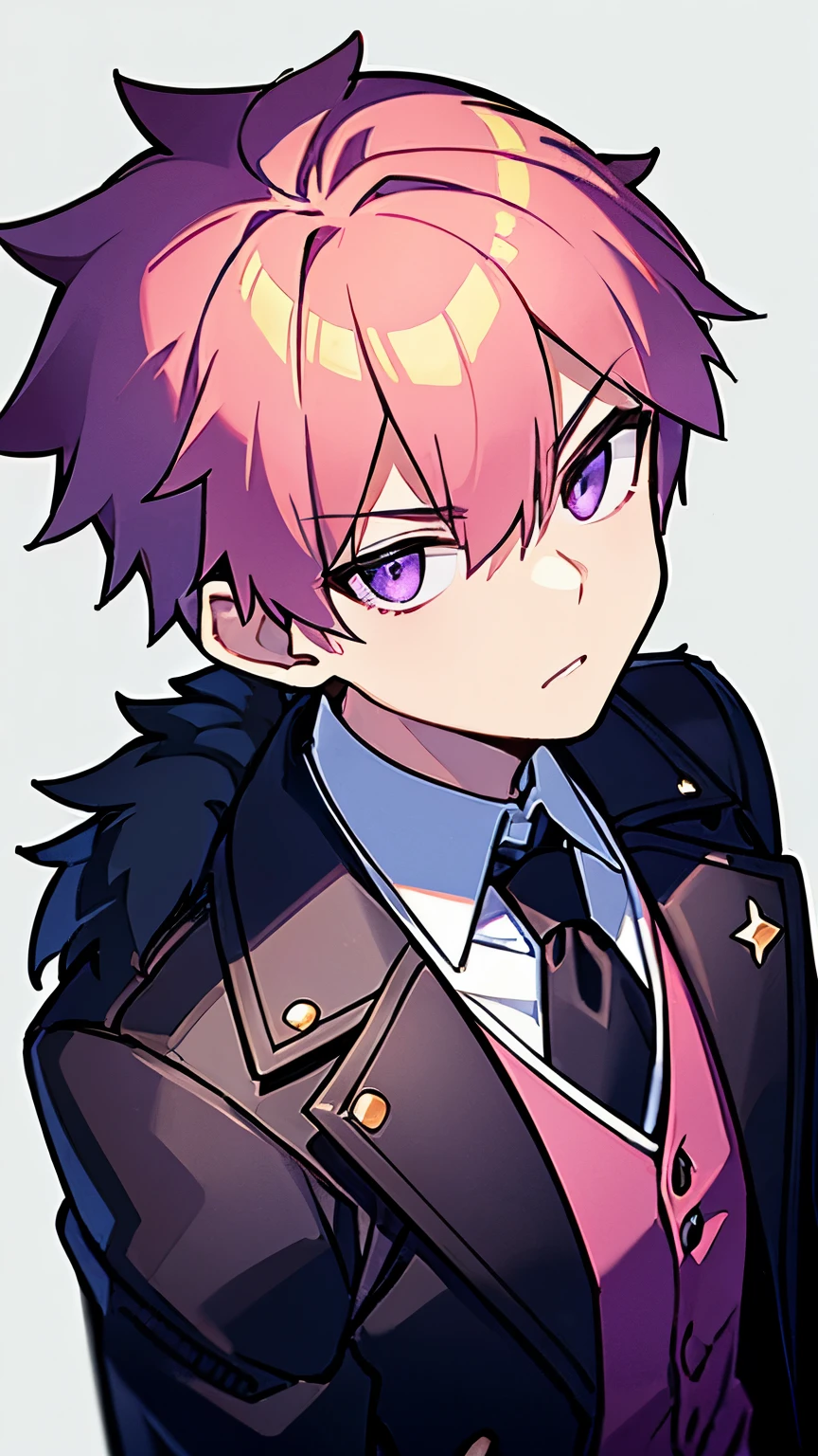 best quality, high quality, (male, a boy:1.2), Jagged tooth, Futuristic atmosphere, Police, near future, upper body, pink gold hair, Wear a long black coat with fur, Wear long black pants, Wear a business shirt, wear aqua color tie, white gloves, very short hair, expressionless, purple eyes, jitome, underweight, 22 years old,  standing, stoop, from above, leather shoes, green background, (headshot:1.0),