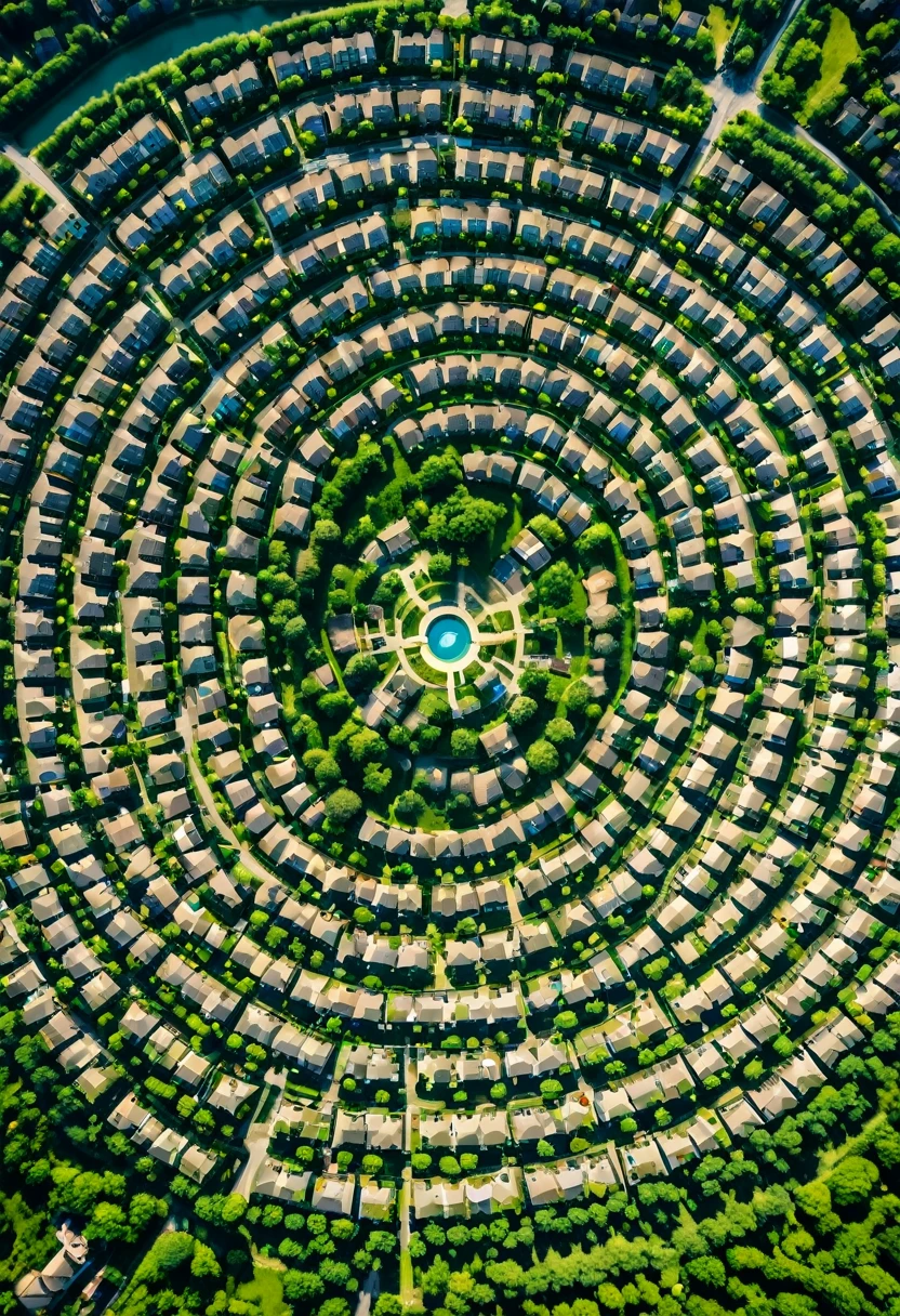 An aerial view of a large village. The village has a round shape when viewed from above. In the middle is a park with beautiful nature. in the middle of nature. 200 residential buildings.
