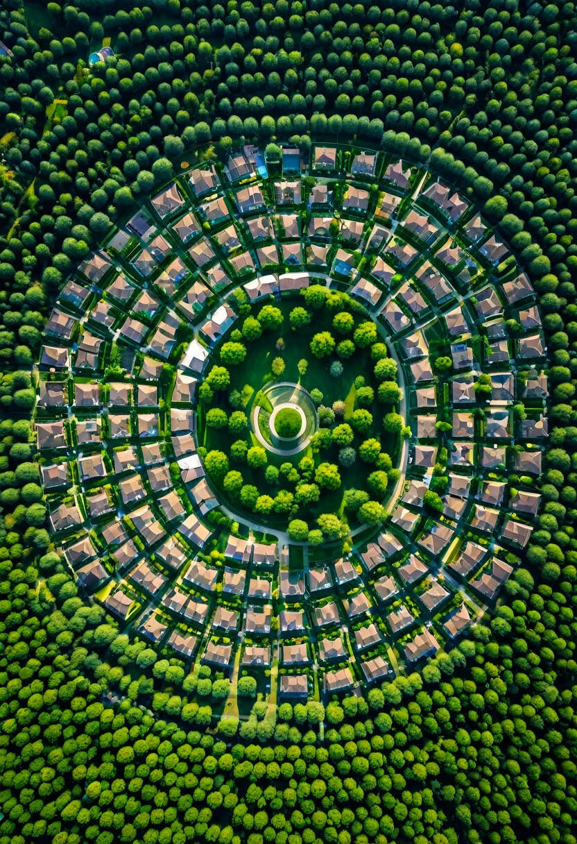 An aerial view of a large village. The village has a round shape when viewed from above. In the middle is a park with beautiful nature. in the middle of nature. 200 residential buildings.
