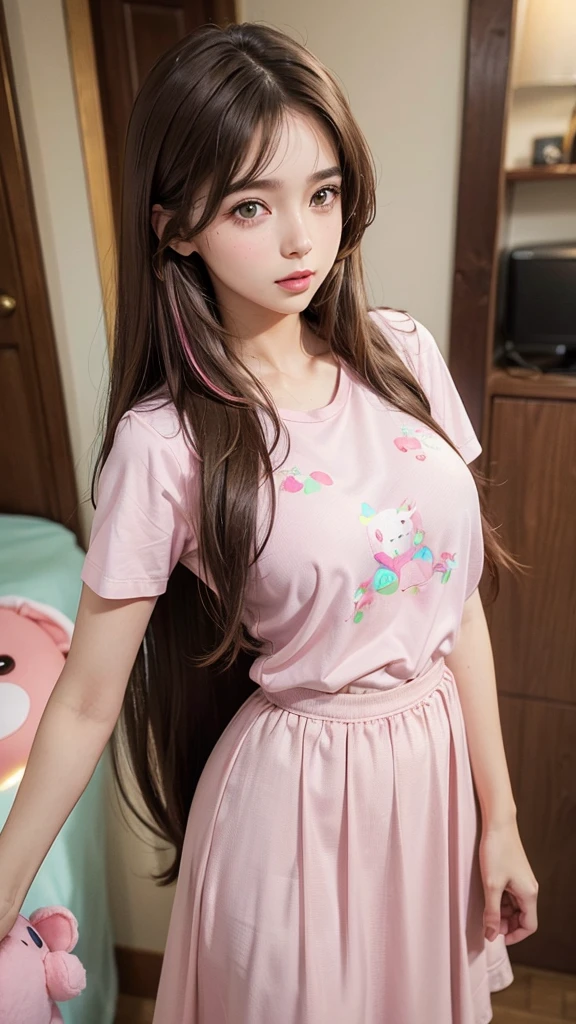 ((girl with brown hair, long straight brown hair, with light green eyes, fair skin, very shy, very blushing, very blushing,with a pink shirt with a teddy print, a long pink skirt, with big breasts, with big legs, with big hips,in the room, from the front, with realistic details, realism, UHD, vivid colors, colorful, amazing details,))