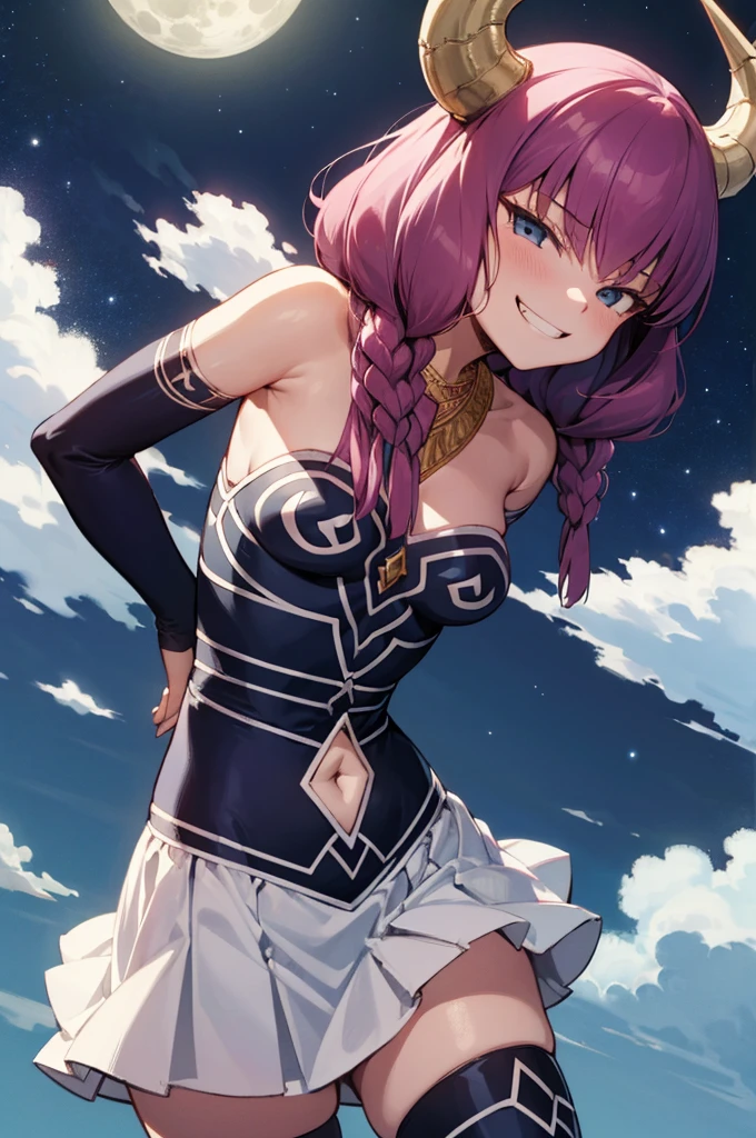 masterpiece,best quality,1girl,AuraFrieren,horns,twin braids,necklace,strapless shirt,navel cutout,white skirt,red waist cape,elbow gloves,thigh boots,evil grin,smirk,shaded face,(bent over,arms behind back),plain,starry sky,night,full moon,dark,dutch angle,