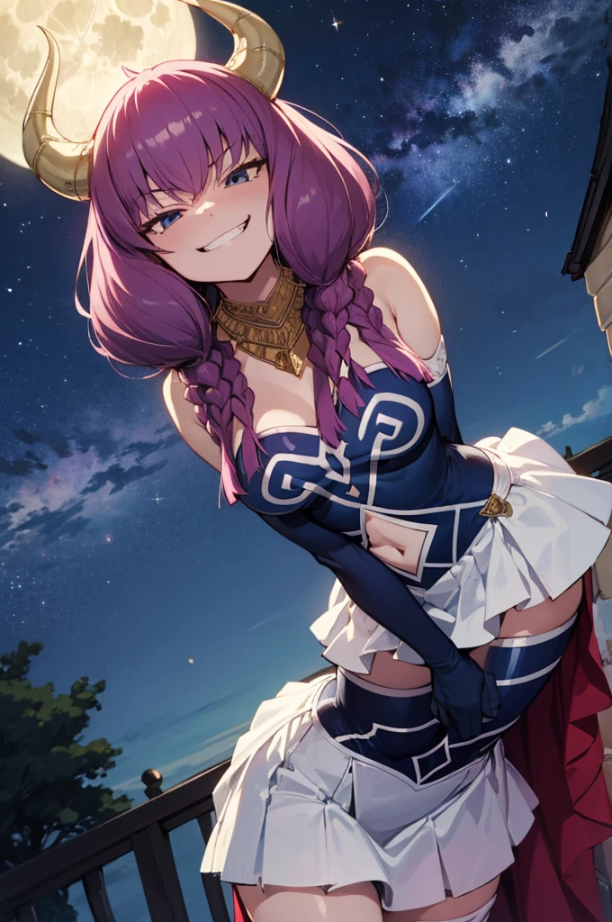 masterpiece,best quality,1girl,AuraFrieren,horns,twin braids,necklace,strapless shirt,navel cutout,white skirt,red waist cape,elbow gloves,thigh boots,evil grin,smirk,shaded face,(bent over,arms behind back),plain,starry sky,night,full moon,dark,dutch angle,