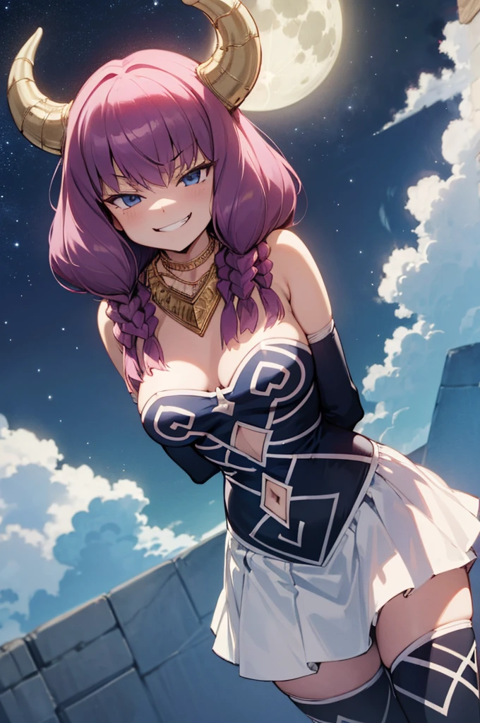 masterpiece,best quality,1girl,AuraFrieren,horns,twin braids,necklace,strapless shirt,navel cutout,white skirt,red waist cape,elbow gloves,thigh boots,evil grin,smirk,shaded face,(bent over,arms behind back),plain,starry sky,night,full moon,dark,dutch angle,