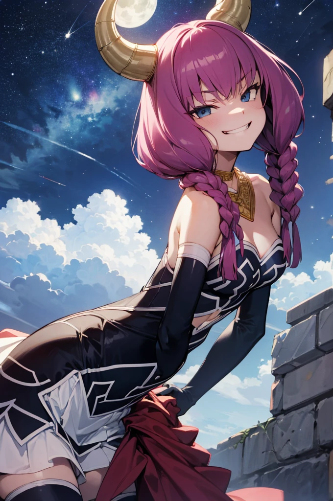 masterpiece,best quality,1girl,AuraFrieren,horns,twin braids,necklace,strapless shirt,navel cutout,white skirt,red waist cape,elbow gloves,thigh boots,evil grin,smirk,shaded face,(bent over,arms behind back),plain,starry sky,night,full moon,dark,dutch angle,