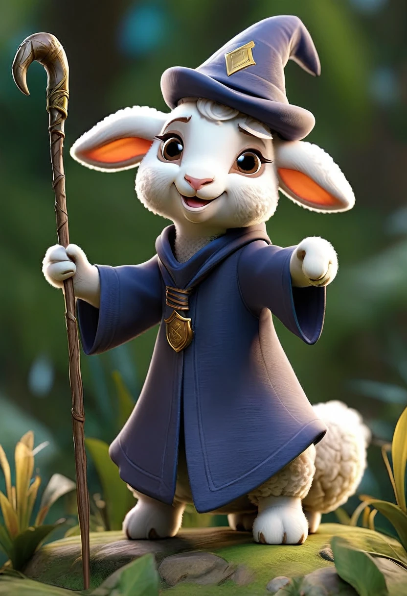 a wizard lamb, he is wizarding, there is nothing and nobody in the scene except the lamb, the environment is a jungle, lamb is on the air, lamb is laughing.