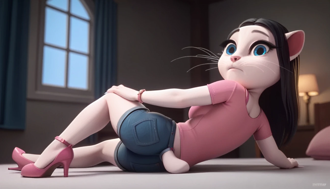 solo focus, a_la, 1girl, cat, white fur, long whiskers on both sides of the face, black hair, long hair, big bright blue eyes, big black eyelashes, big breasts, pink nose, triangular ears with pink channels, high heels, short jeans. 1 girl and 1 boy human. side view. in bed. The man lies flat on the floor with his legs closed. Woman sits on man, vaginal scream, lying, at home, looking back, big penis, rape of 1 man, girl. Score_9, Score_8_up, Score_7_

