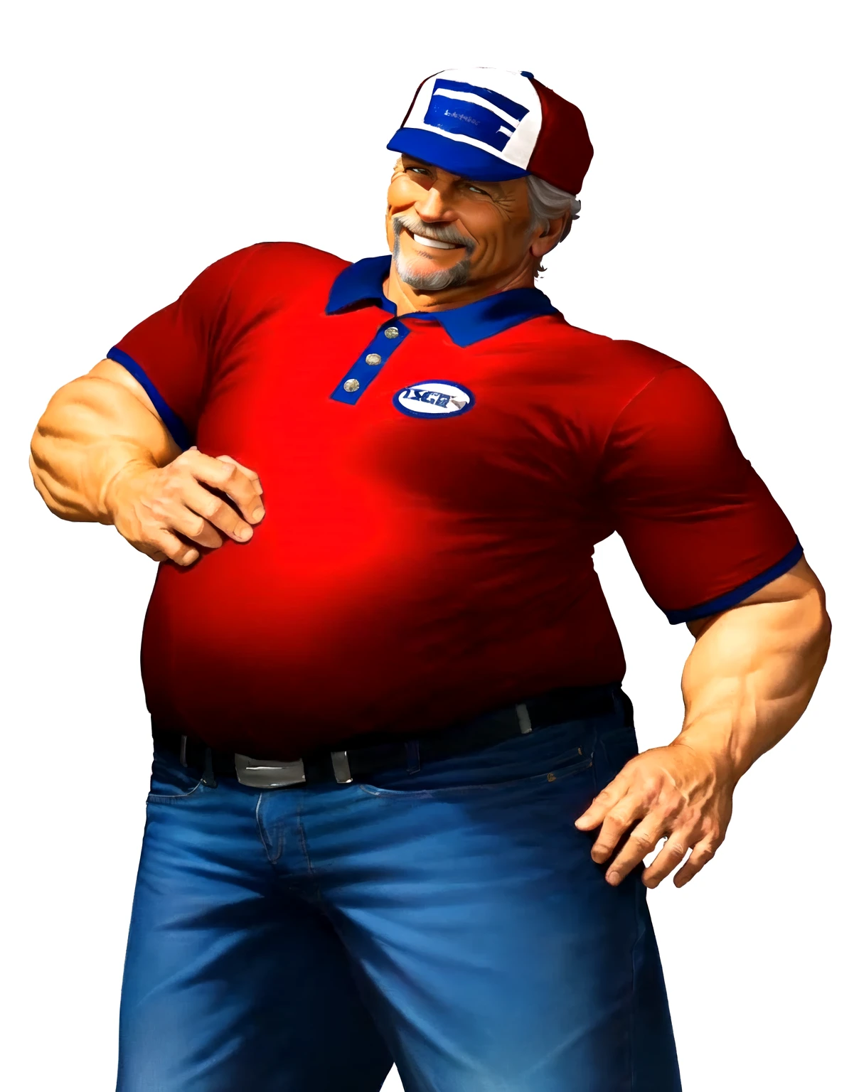 a close up of a man in his 60s wearing a red shirt and blue jeans, as a character in tekken, beefy, realistic textures, jeff bridges with a goatee, best friend smiling at you with encouragement, Out Run 2 flagman, 2 k, 2k, muscular bernie sanders, buff man, character from king of fighters, robust stocky body, hide the pain harold, name of character is flagman, wise face, his cap has a SEGA logo on it, (short GREY hair)