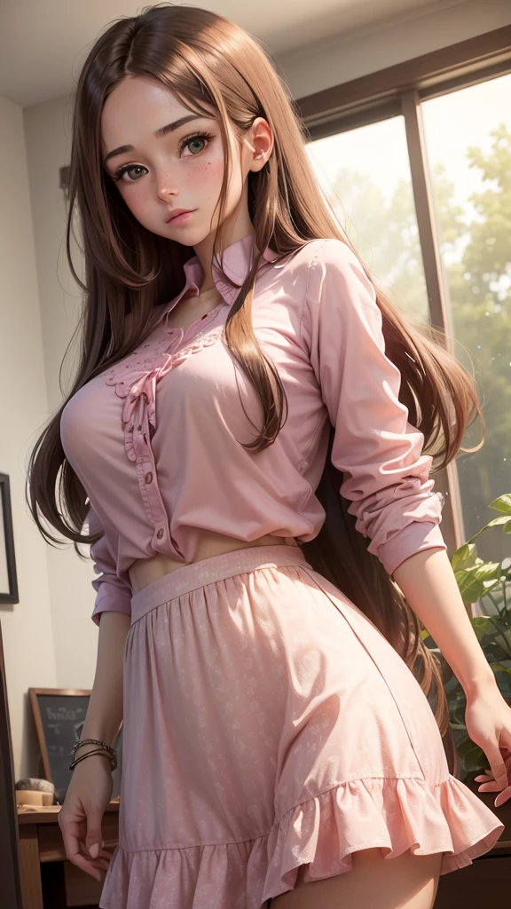 ((girl with brown hair, long straight brown hair, with light green eyes, fair skin, very shy, very blushing, very blushing,with a pink shirt with a teddy print, a long pink skirt, with big breasts, with big legs, with big hips,in the room, from the front, with realistic details, realism, UHD, vivid colors, colorful, amazing details,))