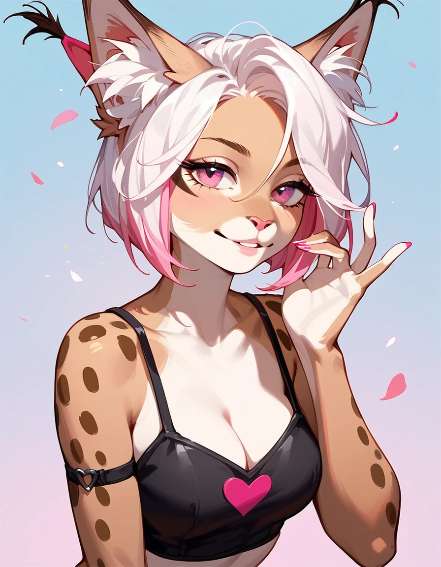 , score_9,score_8_up,score_7_up, source_cartoon, an Anthro furry lynx girl, short white hair with pink tips on hair, pink highlights in hair, pink eyes, wearing black underwear, seductive