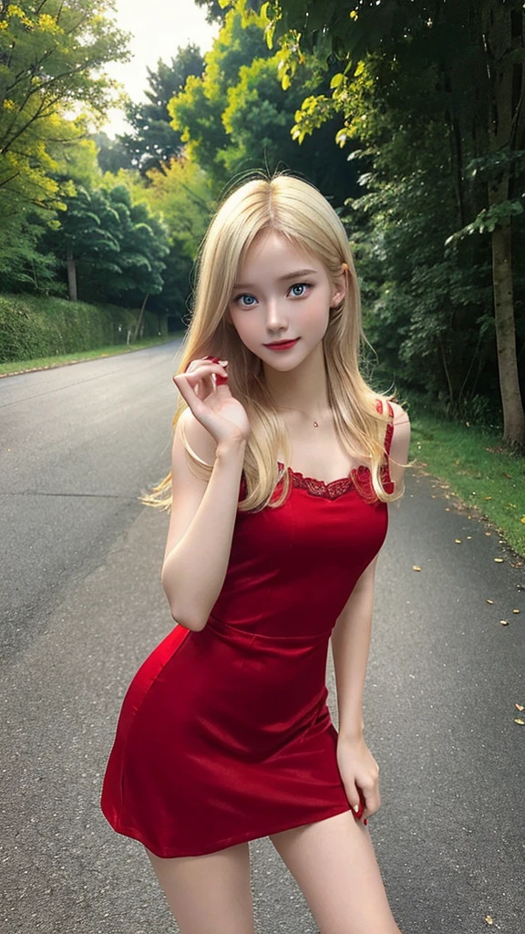There is a blonde German woman in a short red dress posing for a photo, 18 years, 19 year old girl, she is about 2 0 years old, she is about 20 years old, 2 4 year old female model, young and cute girl, pretty face with arms and legs, she has approximately, 21 years