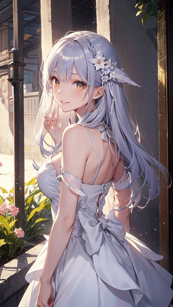 masterpiece、Highest quality、High resolution、High-quality images、8K, -yeld giSkin Radiance、Texture of skin and clothing、Expression of fine eyes、Shining silver hair、Long Hair Girl、dress, Beautiful bright yellow eyes, Fuller lips, Gorgeous face with attention to detail, (Cute Smile), charm, Innocent, Side view, (Perfectly detailed face), (Beautiful Hands) Photorealistic images, Written boundary depth, flower、sun、Big Breasts、garden、、Feather ornament、White clothes、goddess