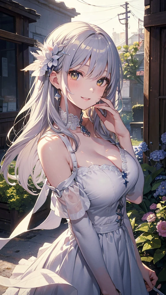 masterpiece、Highest quality、High resolution、High-quality images、8K, 、Skin Radiance、Texture of skin and clothing、Expression of fine eyes、Shining silver hair、Long Hair Girl、dress, Beautiful bright yellow eyes, Fuller lips, Gorgeous face with attention to detail, (Cute Smile), charm, Innocent, Side view, (Perfectly detailed face), (Beautiful Hands) Photorealistic images, Written boundary depth, flower、sun、Big Breasts、garden、、Feather ornament、White clothes、goddess