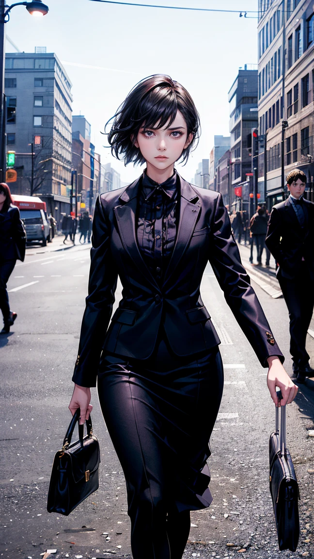 A young woman with a determined expression, dressed in modern and elegant clothes, walking through a busy city. In the background, the silhouette of an old house with shadows of family members looking enviously. The city should be illuminated with bright lights, highlighting the contrast between her dark past and her successful present.