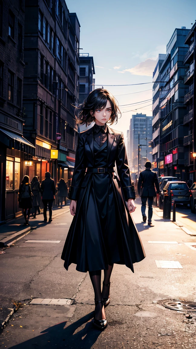 A young woman with a determined expression, dressed in modern and elegant clothes, walking through a busy city. In the background, the silhouette of an old house with shadows of family members looking enviously. The city should be illuminated with bright lights, highlighting the contrast between her dark past and her successful present.