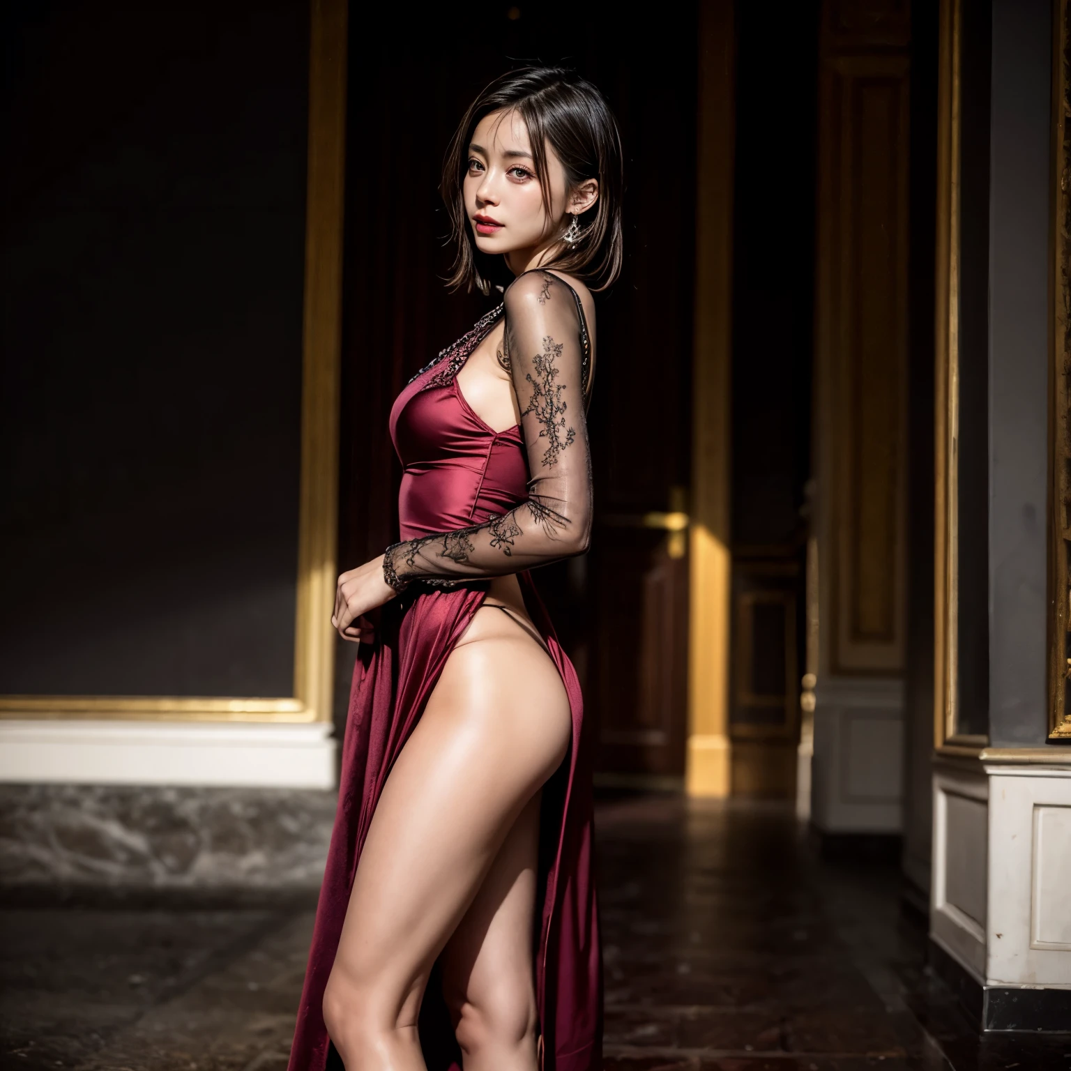 White and Blood Red, beautiful Girls in a bold and sexy dress with laced up sides, detailed facial features, realistic, photorealistic, 8k, high quality, masterpiece, detailed folds and textures of dress, dramatic lighting, cinematic, elegant, fashion photography, beautiful vibrant colors, (FullBody from side below)