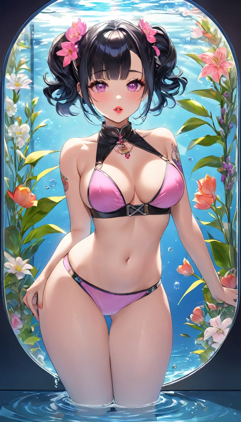 {{{{{16k}}}}}, {{{{{Unique atmosphere in the middle of the transition from girl to sexy woman, transforming a Japanese girl with a cutely pussy into her facial rank to the SSS rank of top-notch pretty actresses, She's in a cylindrical aquarium filled with female hormone fluid with a control panel that allows her to change the shape and appearance and personality of the girl inside at will, The oil of glowing flowers is poured into the aquarium and she is turned into a beautiful herbarium, When the control slider under the aquarium was adjusted to purity, her appearance changed to cute and innocent, She was a but after four years of being raped while being injected with beauty-enhancing hormones every day she grew into a 16-year-old that she had an erotic fetish for lips and necks and waistlines, she was being raped and clearer the nip line from underbust to hips, She had a pretty face like an idol but as she grew up she became beautiful like an actress, Her too-beautiful rounded tits wrapped in her separates pastel colored bikini, Her hair is replaced by a bang long glossy very Straight black hair, The growing body is reproduced with sex-loving, thick vivid lips, Her gasps echoing through the water, She transforms her into a cute once-in-a-millennium}}}}},{{Extremely detailed}},{{{{{integrated her head pure small, Enchanting Too thick and erotic deep pink lips, Her thickened lips shimmer with luster}}}}},{{{{{Her tattoos spread all over her body, She is tattooed with lewd flowers on her neck, arms, lower abdomen, thighs}}}}}