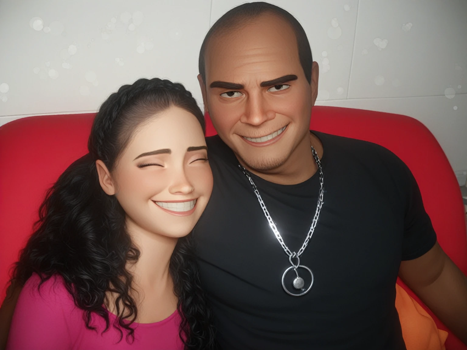 Cartoon character of a black man in black shirt and silver chain, smiling lightly, hugging beautiful white woman smiling a lot, in a pink shirt and black hair. Sitting on a beautiful bench. animation character, stylized character, animation style rendering, 3d stylized, Arnold Maya rendering, Stylized 3D rendering, toon render screenshot, 3d character, 3d character, Stylized 3D rendering, 3D character rendering, cartoon character, Personagem de close up, character posing, (Pixar-style) (master part:1.2) (bokeh) (best qualityer) (skin detailed) (detailed texture) (8K) (Argilla) (cinematic lighting) (sharp focus