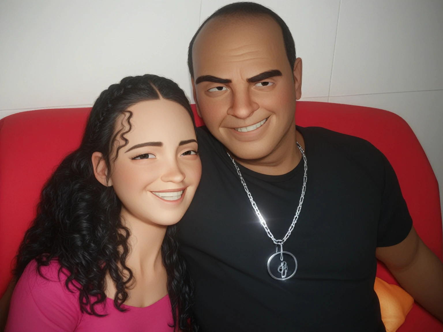 Cartoon character of a black man in black shirt and silver chain, smiling lightly, hugging beautiful white woman smiling a lot, in a pink shirt and black hair. Sitting on a beautiful bench. animation character, stylized character, animation style rendering, 3d stylized, Arnold Maya rendering, Stylized 3D rendering, toon render screenshot, 3d character, 3d character, Stylized 3D rendering, 3D character rendering, cartoon character, Personagem de close up, character posing,  (Pixar-style) (master part:1.2) (bokeh) (best qualityer) (skin detailed) (detailed texture) (8K) (Argilla) (cinematic lighting) (sharp focus