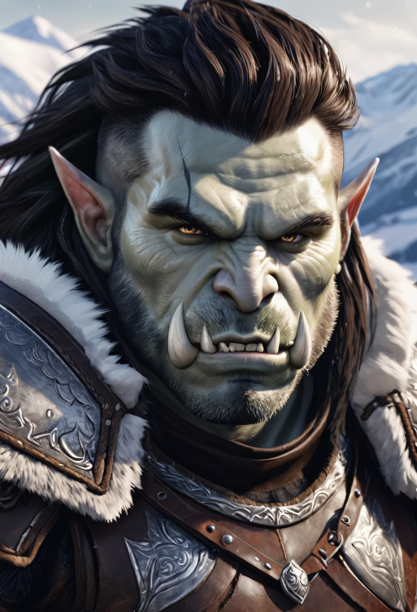 a masculine white orc with leather armor, facing the camera, detailed chestplate, full head of hair, snowy mountains in the background, high quality, detailed cinematic lighting, photorealistic, 8k, hyper detailed