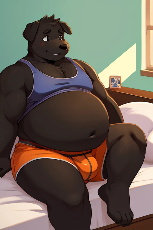 A chubby anthropomorphic black lab with a big belly wearing, a small tanktop and small boxers, sitting on a bed ,full body,