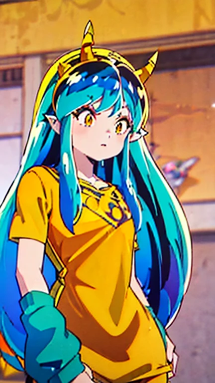 lum, long hair, bangs, blue hair, (orange eyes:1.5), horns, pointy ears, aqua hair, oni horns, eyeshadow, (yellow T shirt:1.6), Blue pants, Pink shose, Masterpeice,