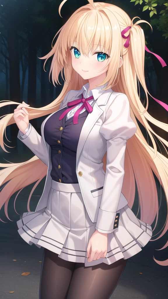 ((masterpiece)),(best quality),official art,extremely detailed CG,unity 8k wallpaper,ultra detailed,beautiful detailed eyes,extremely detailed face,outdoors,1girl,solo,cowboy shot,looking at viewer,facing viewer,smile,Sakurakouji Tsukuyomi,ahoge,very long hair,blonde hair,one side up,hair intakes,purple hair ribbon,floating hair,hair between eyes,bangs,aqua eyes,,(white jacket),suit jacket,wing collar,pink neck ribbon,white shirt,collared shirt,center frills,large breasts,underbust,juliet sleeves,puffy sleeves,long sleeves,shirt tucked in,black skirt,pleated skirt,plaid skirt,frilled skirt,black pantyhose,argyle legwear,boots,